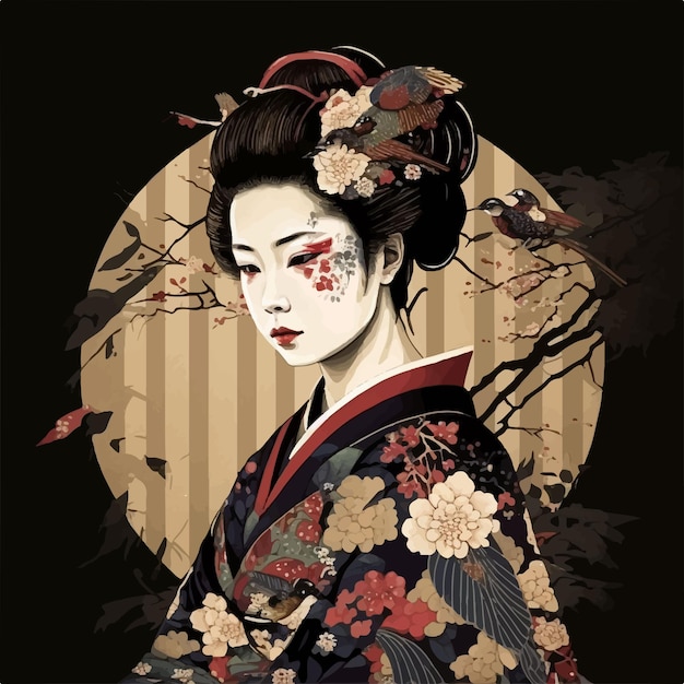 icon of a Japanese geisha woman in traditional floral dress