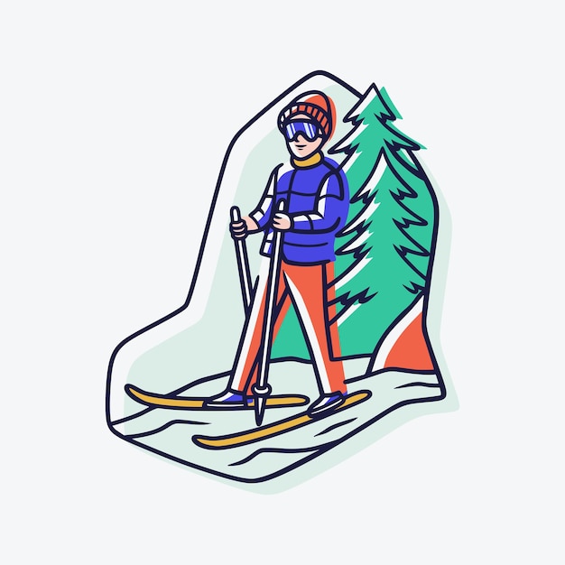 Icon a man is ice skiing in a cool position line pop scenes illustration