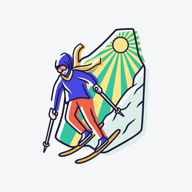 Icon a man is ice skiing with a fast gliding position from an iceberg line pop scenes illustration