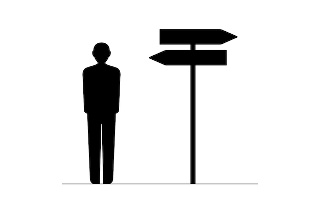 Icon of a Man standing at a crossroads with directional sign arrows in opposite way Choice career path or decision concept Flat Vector illustration