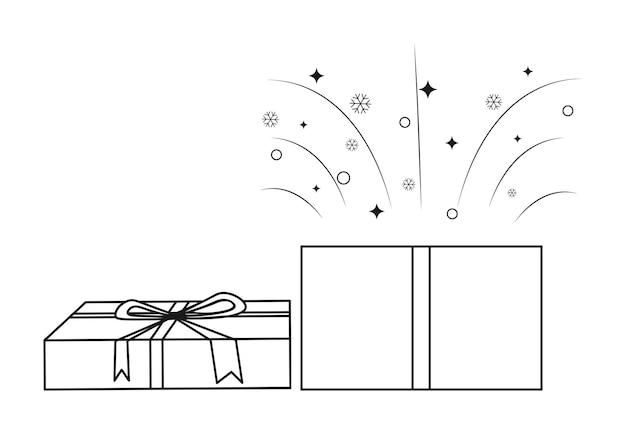 Icon open gift box and fireworks with stars snowflakes and circles