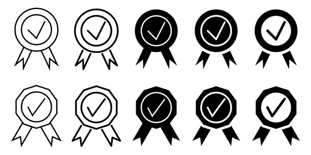 icon set of approved or certified medals quality symbols line vectors and silhouettes isolated