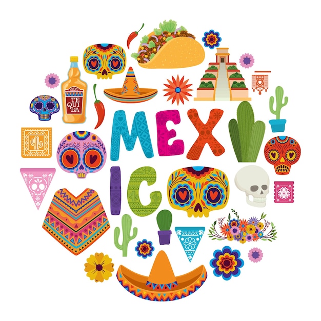 Icon set circle and mexico day of the dead design, Mexican culture tourism theme