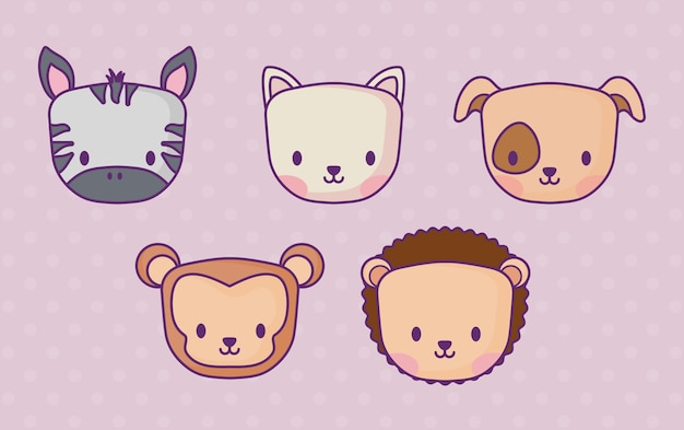 icon set of cute animals over purple background, colorful design. vector illustration