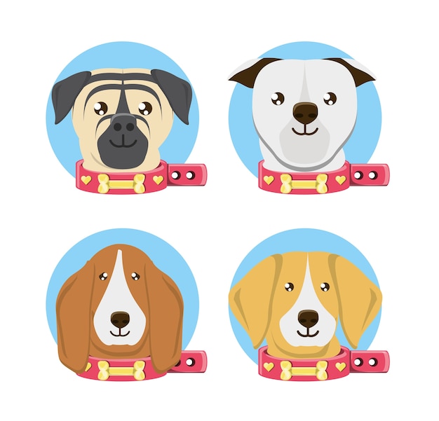 Icon set of cute dogs of different breeds 