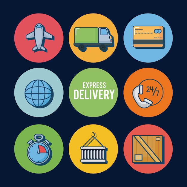 Icon set of Express delivery over colorful circles and black background