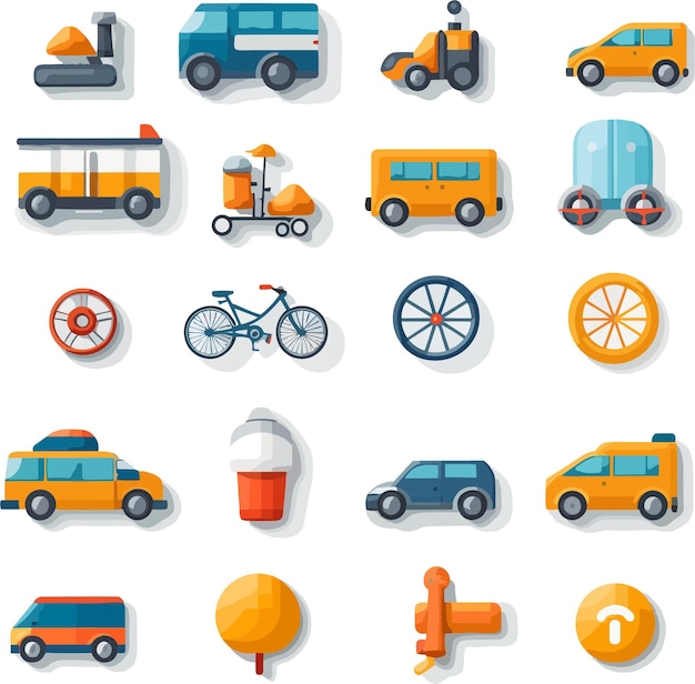 Icon set flat style car bus train airplane and bicycle