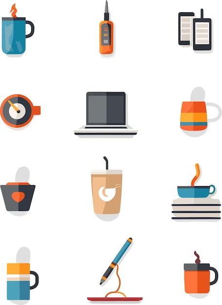 Icon set in a flat style everyday objects such as a laptop smartphone coffee cup book pencil