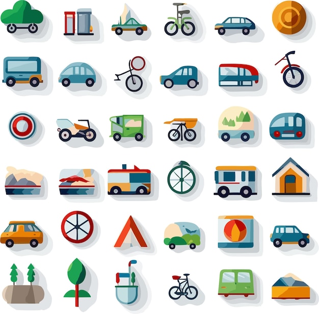 Icon set flat style transportation symbols car bicycle airplane train and ship