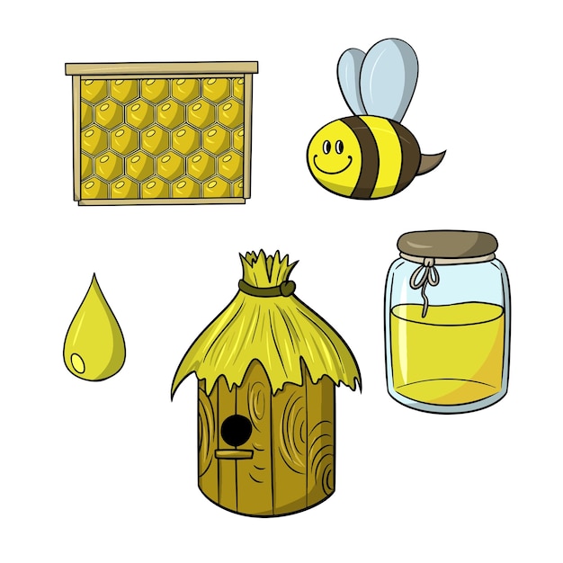 Icon set honey collection beehive and bee vector illustration in cartoon style