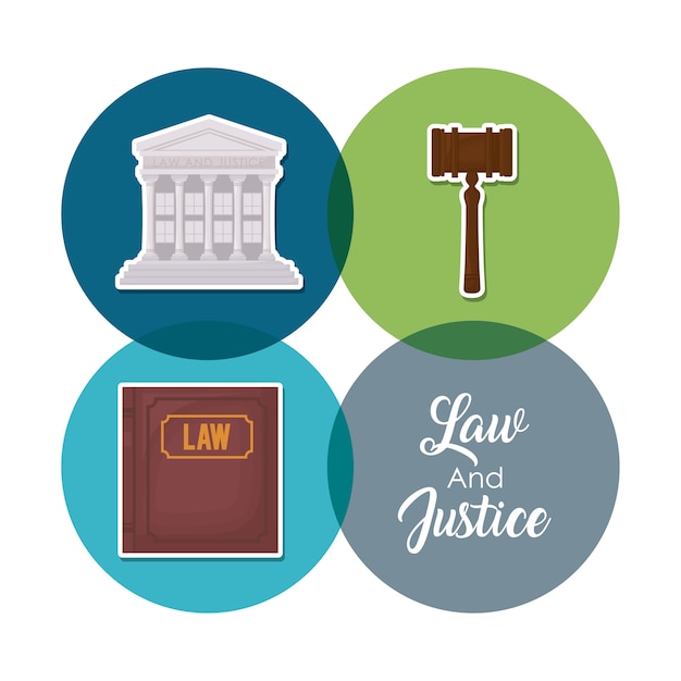 Icon set of law of justice concept over colorful circles and white background