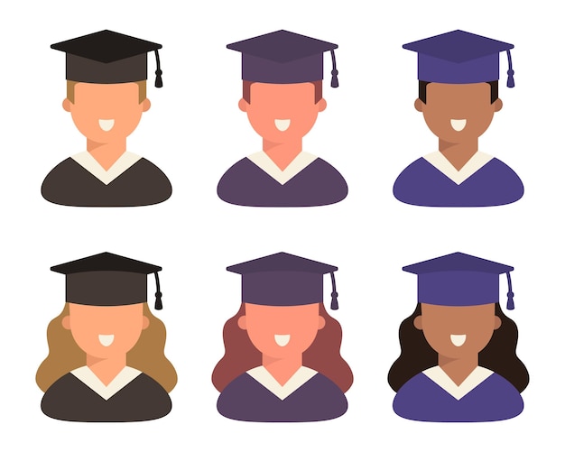 Icon set students graduates in student hats boys and girls Icons for diplomas schools