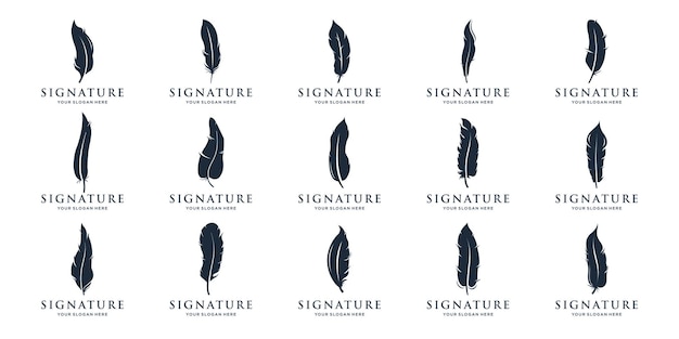 Vector icon set vector feather ink inspiration feather pen ink signature symbol set of abstract signature feather pen logo design template on white background