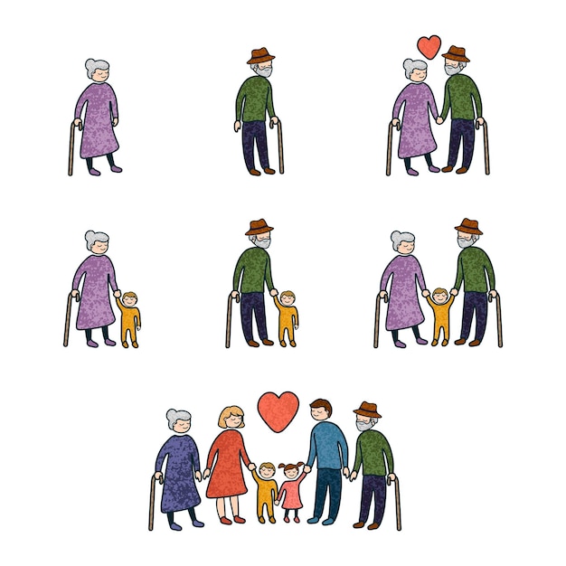 Icon set with illustrations of grandparents