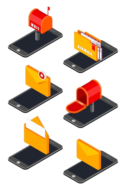 Icon set with isometric mobile phone and mail icons 