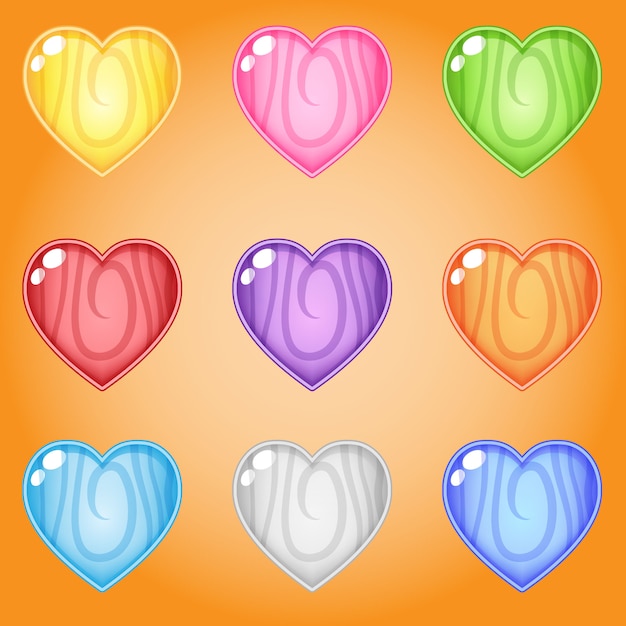 Icon and shape hearts line wood 9 colors for games.