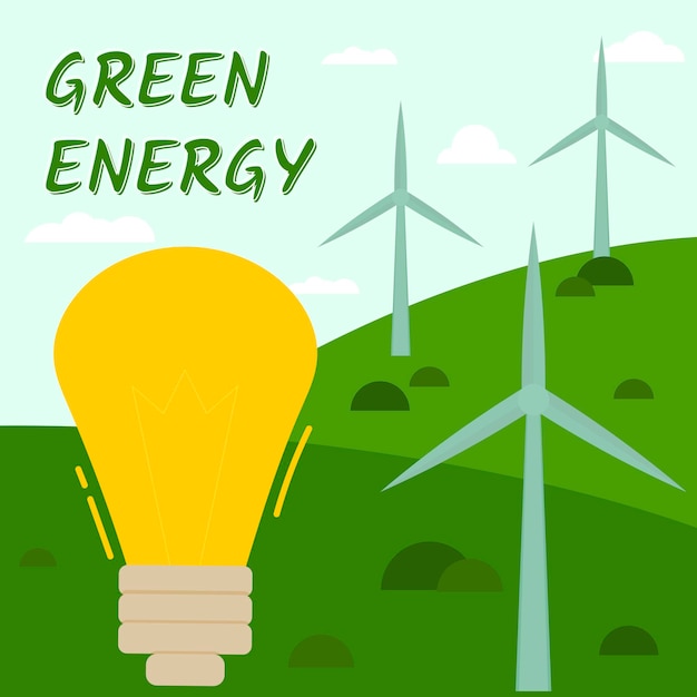 Icon sticker button on the theme of saving and renewable energy with bulb wind turbine on green landscape x9