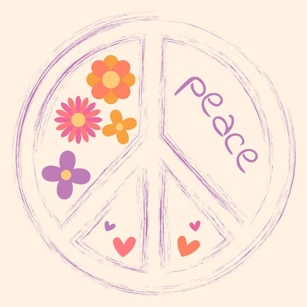 Icon sticker in hippie style with Peace sign text peace and flowers on beige background Retro style