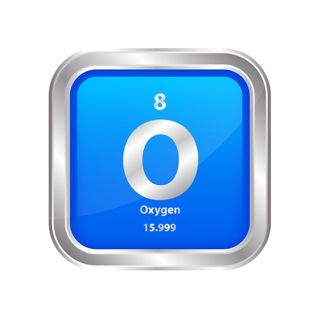 Icon structure Oxygen (O) chemical element square blue line silver Sign with atomic number.