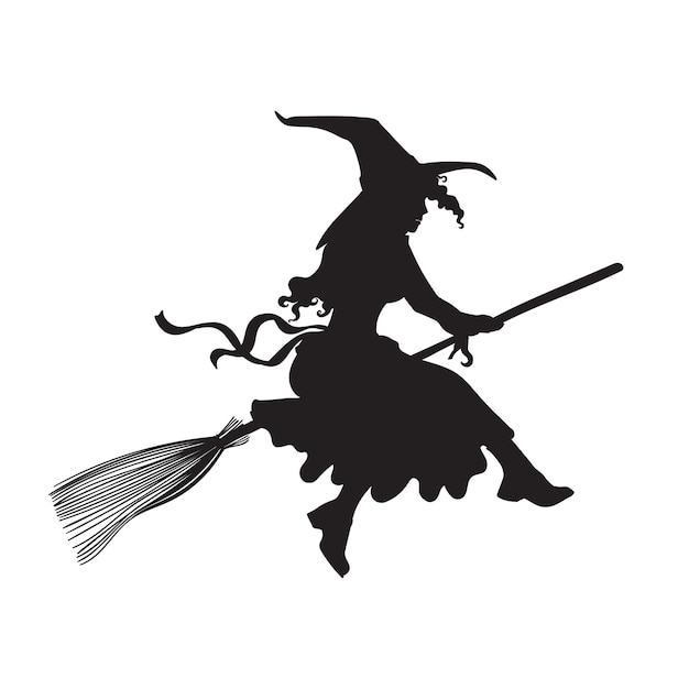 Icon witch flies on a broomstick Simple silhouette of a cute witch for halloween cards and invitations