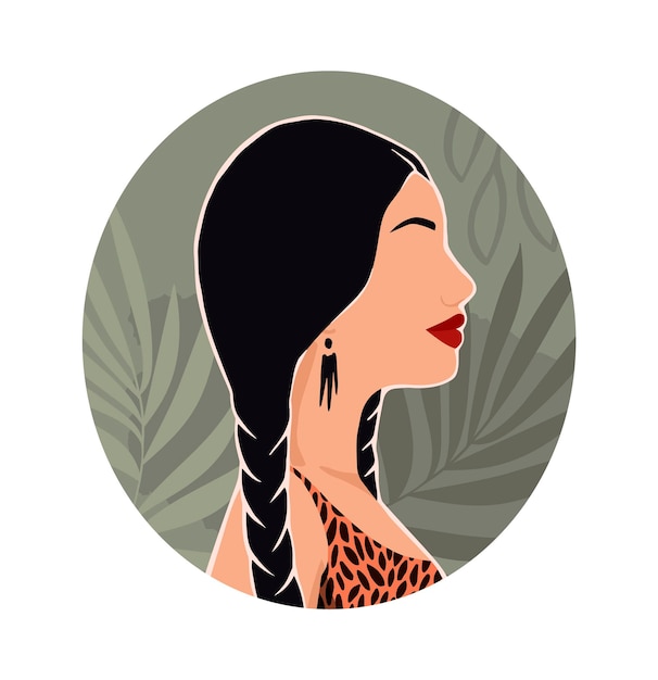 Icon with asian women and leaves Hand drawn illustration for modern design