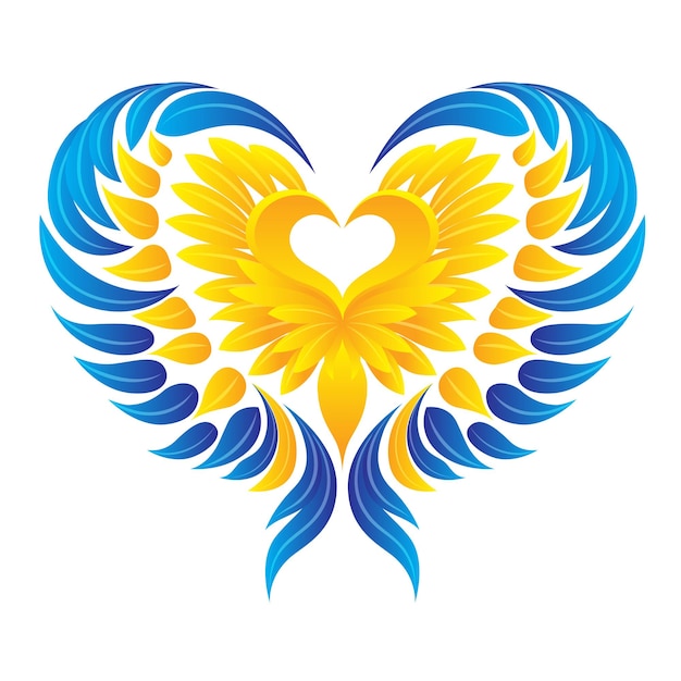 Icon with heart and wings in blue and yellow color of the flag of Ukraine on a white background