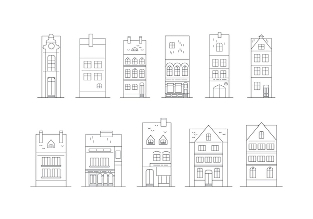 Icons of building facades houses hotel cottage outline