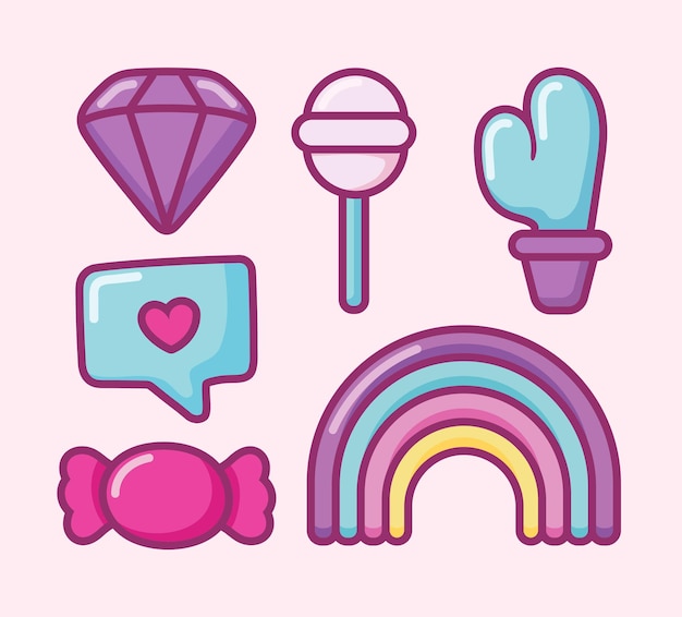 Icons cartoon rainbow and candy