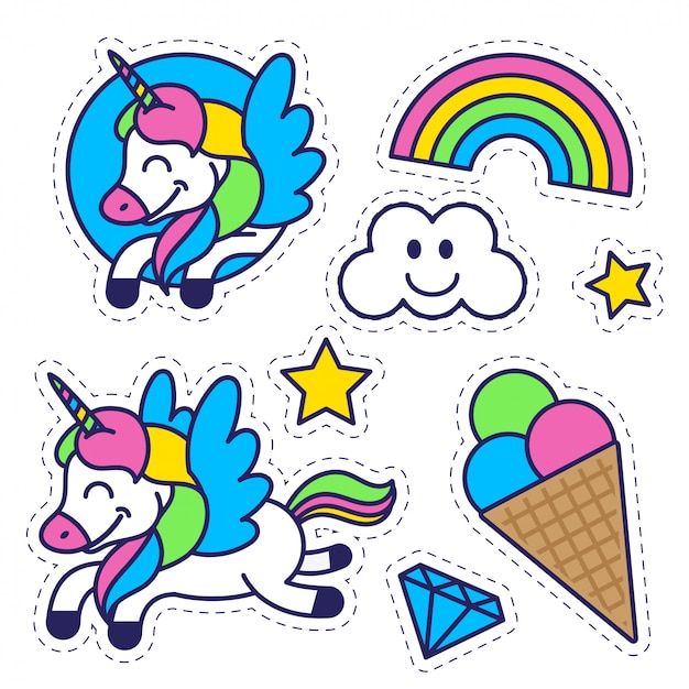 Icons elements set in sticker pattern for kids education and inspiration with happy fantasy unicorn colorful rainbow sweet ice cream star. Modern  cartoon character illustration flat design.