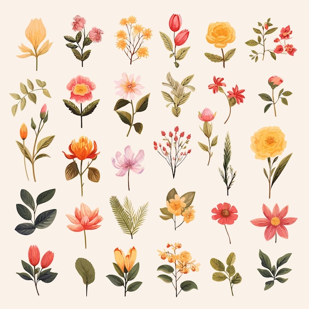 Icons flat style floral elements petals leaves stems buds and blossoms