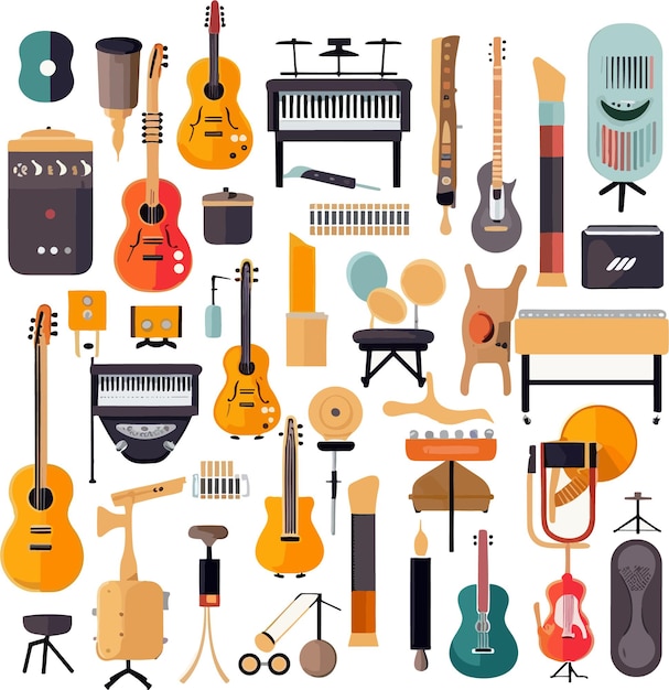 Icons flat style musical instruments guitar piano drum set microphone and headphones