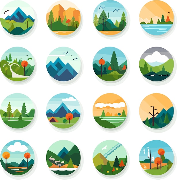 Icons flat style nature elements trees mountains rivers clouds and sun