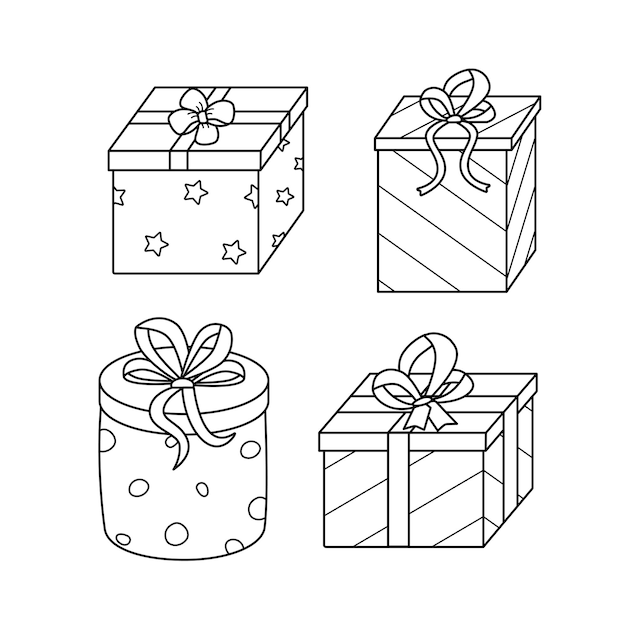 Icons of gifts with bows Vector doodle elements wrapping paper A set of gift boxes wrap for the holiday Isolate on a white background illustration