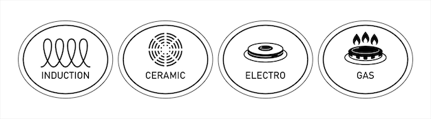 Icons: induction, ceramics, electro, gas. Induction purpose for cookers and ovens. To indicate the surface of cookware. Vector illustration isolated on white background