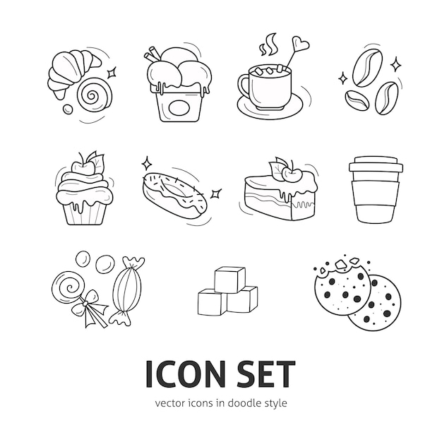 Icons set of dessert elements in doodle style Black outline isolated on white background