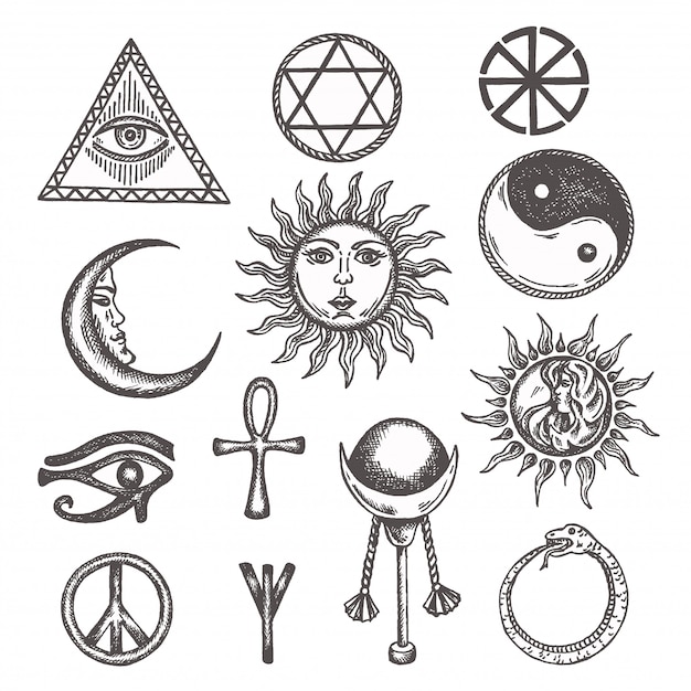 Vector icons and symbols of white magic, occult, mystic, esoteric, masons eye of providence.