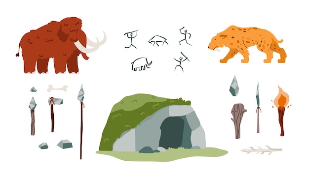 Icons on theme stone age  prehistoric weapons tools cave paintings and fire