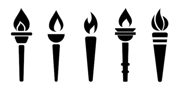 Icons torch with flame logo Silhouette flaming torch set Vector illustration