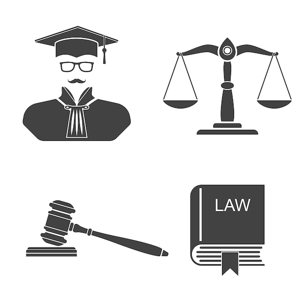 Icons on a white background scales balance  gavel book laws  judge Set icons law and justice Vector illustration Signs symbols elements for design and background