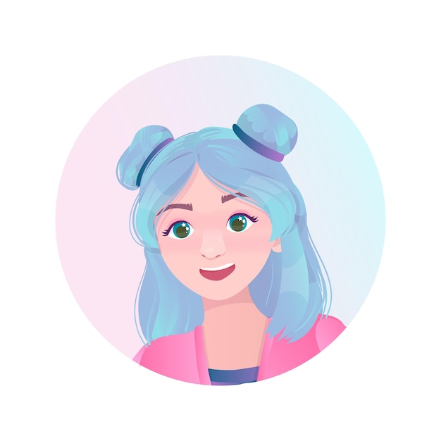 Icons with faces of cute girls Colorful hair Cheerful girls with colored hair Vector illustration