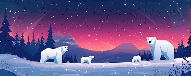 Icy tundra landscape with polar bears and aurora borealis Vector flat minimalistic isolated