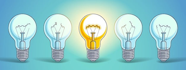 Idea concept, think different, light bulbs group vector illustration with single one is shining, creative inspiration, be special, leadership.