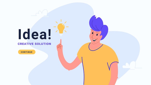 Idea and creative solution happy man with pointing hand to yellow bulb