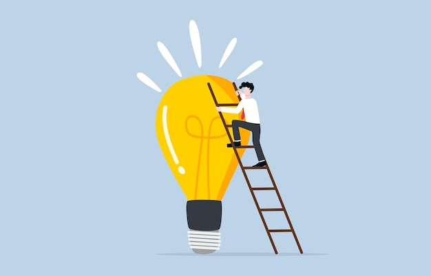 Idea development concept Businessman climbing up ladder to stand on big idea light bulb