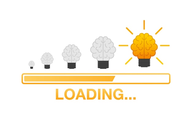 Idea loading concept with idea brain processed on a lightbulb bar. Vector stock illustration.