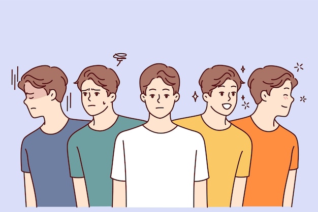 Identical men with positive and negative emotions look in different directions Vector image