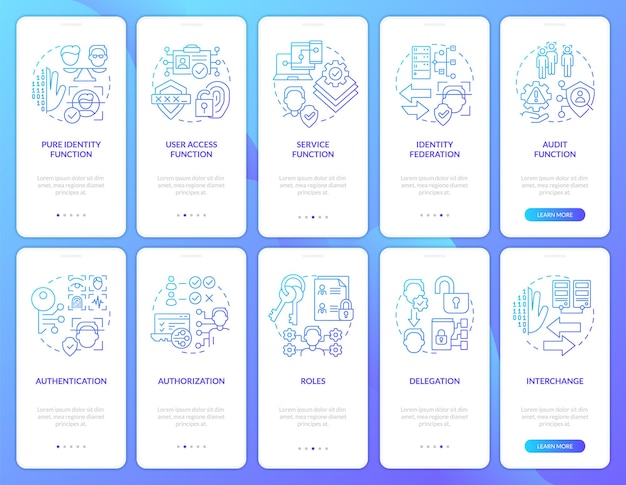 Identity management blue gradient onboarding mobile app screen set