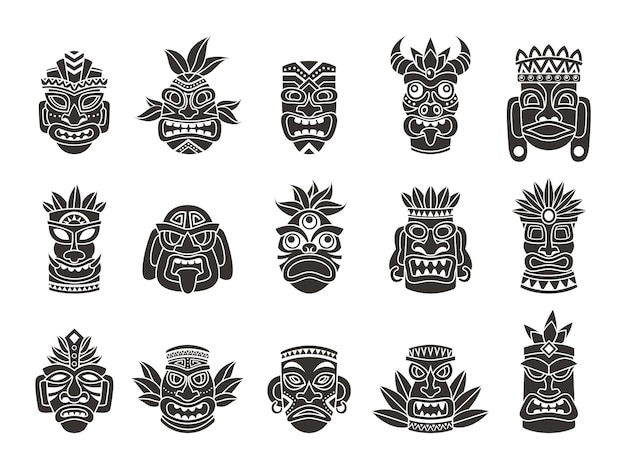 Idol mask. Black silhouette ritual totem tribal god tiki ancient indian or african culture, traditional exotic mayan or aztec wooden symbol, polynesian tattoo pattern face masks vector isolated set