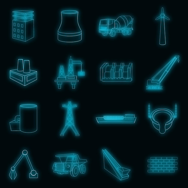 Idustry icons set. Illustration of 16 industry vector icons neon color on black