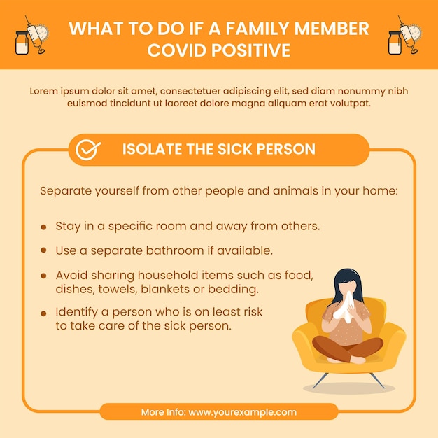 If A Family Member Is Covid Positive, Isolate The Sick Person And Take Care Of Him At Home. Awareness Poster Or Template Design.